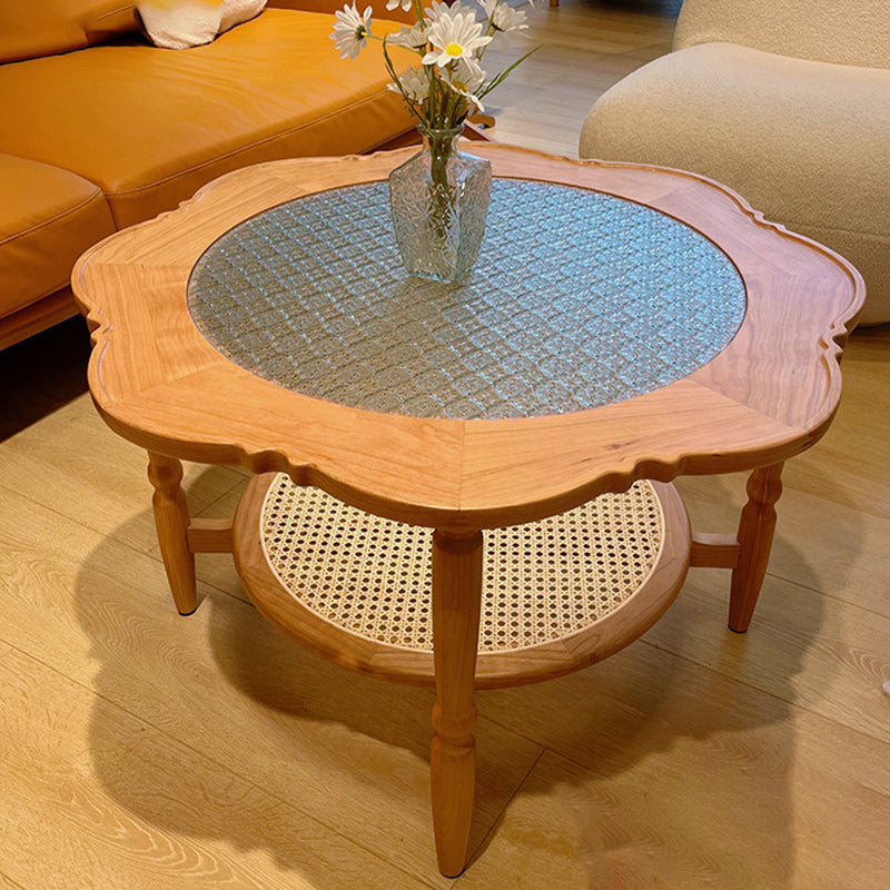 Contemporary Retro Flower Round Wood Glass Coffee Table 2-Tier For Living Room