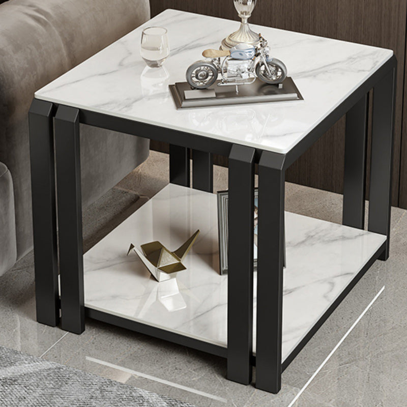 Contemporary Luxury Square Rock Slab Metal Side Table 2-Tier For Living Room