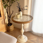 Traditional Vintage Flower Embossed Round Solid Wood End Table 1-Tier For Living Room