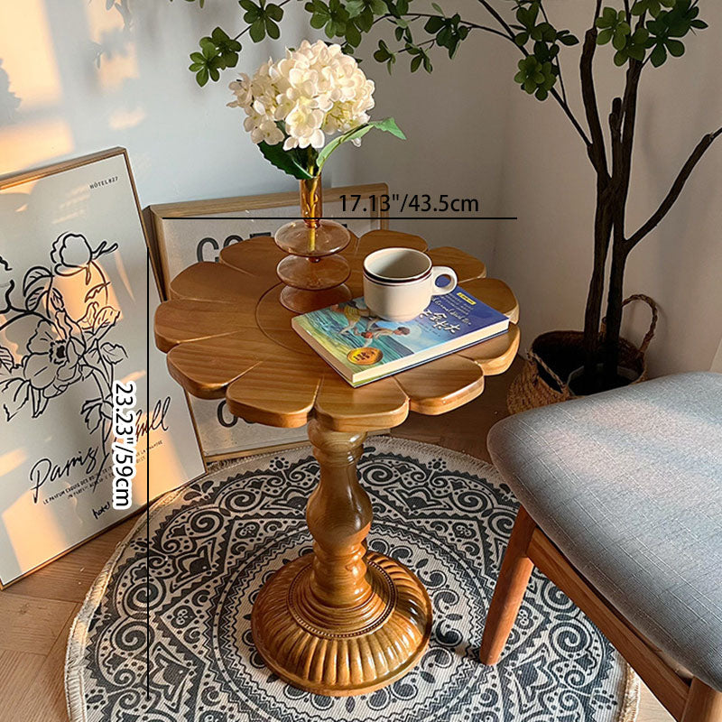 Traditional Vintage Flower Embossed Round Solid Wood End Table 1-Tier For Living Room