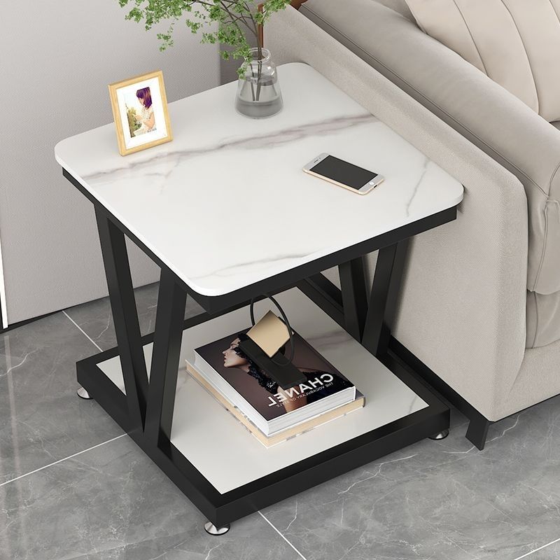 Modern Luxury Square Rock Panel Galvanized End Table 2-Tier For Living Room