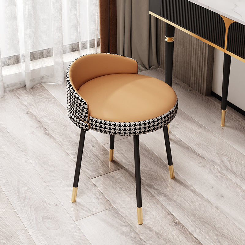 Contemporary Nordic Round Houndstooth Leather Fabric Splicing Vanity Stool Low Back For Bedroom