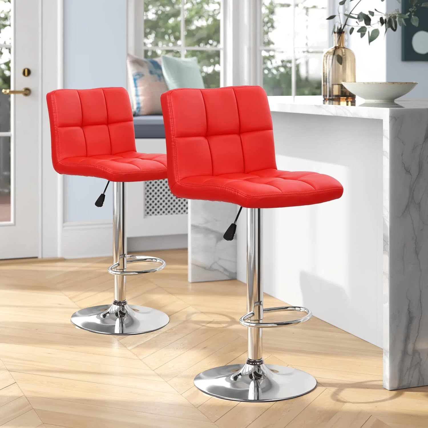 Contemporary Simplicity Square Leather Adjustable Swivel Bar Stool Backrest Footrest For Dining Room