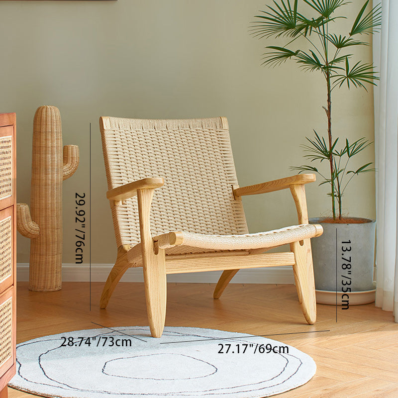 Contemporary Scandinavian Rectangular Wood Rattan Chair Backrest Armrest For Living Room
