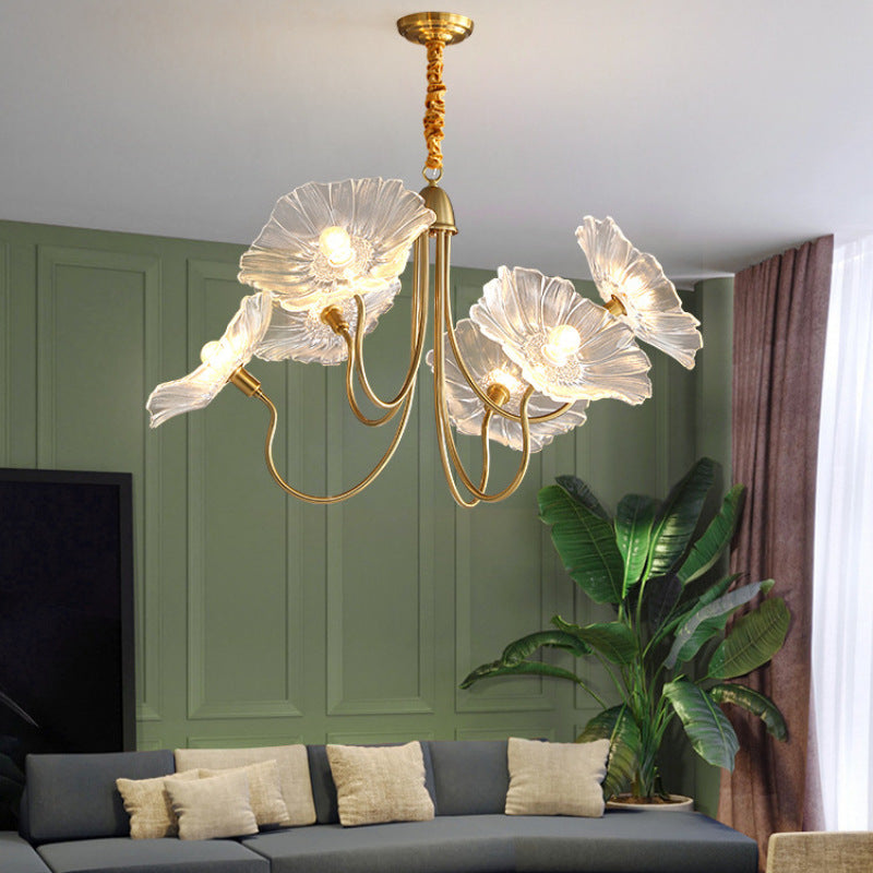 Traditional Vintage Gold Finish Frame Flower Glass Shade 6-Light Chandelier For Bedroom