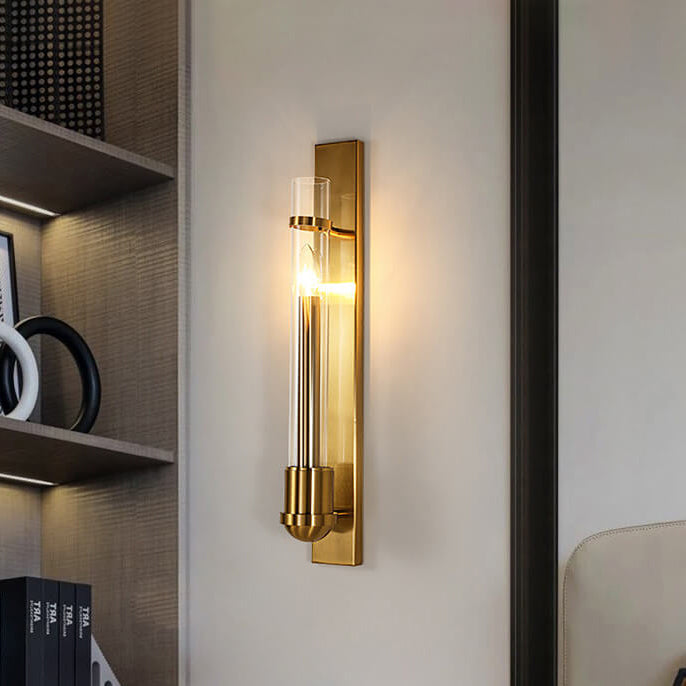 Modern Luxury Golden Finish Frame Glass Cylinder LED Wall Sconce Lamp For Living Room