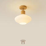 Modern Minimalist Round Lantern Wood Glass 1-Light Semi-Flush Mount Ceiling Light For Living Room