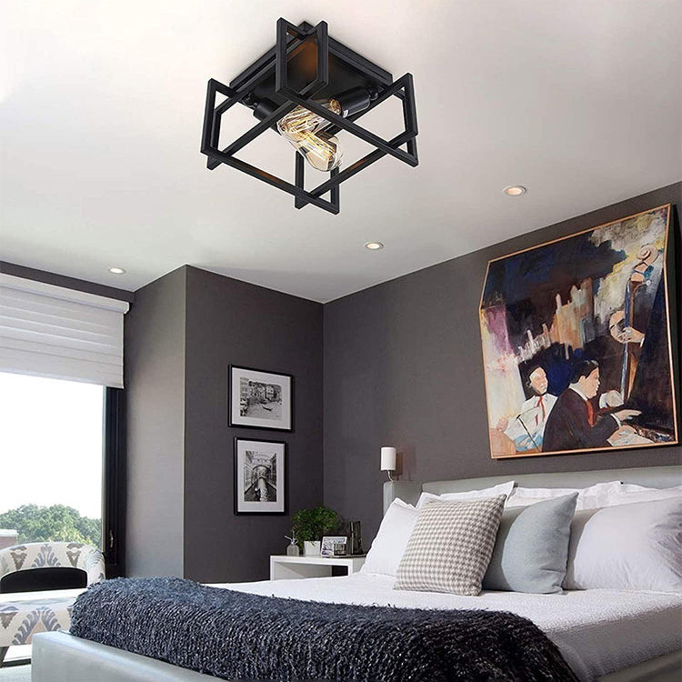 Contemporary Industrial Square Iron 2-Light Semi-Flush Mount Ceiling Light For Living Room