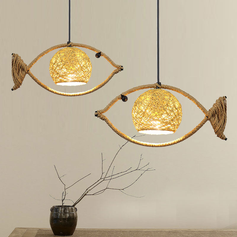 Traditional Chinese Fish Hemp Rope Weaving 1-Light Pendant Light For Living Room