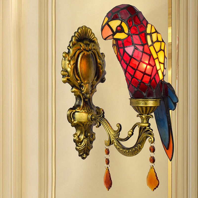 Traditional Tiffany Stained Glass Parrot Crystal 1-Light Wall Sconce Lamp For Living Room