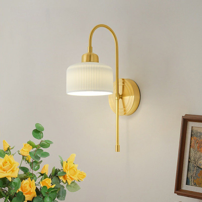 Contemporary Luxury Antique Brass Cylinder Ribbed Ceramic 1-Light Wall Sconce Lamp For Living Room