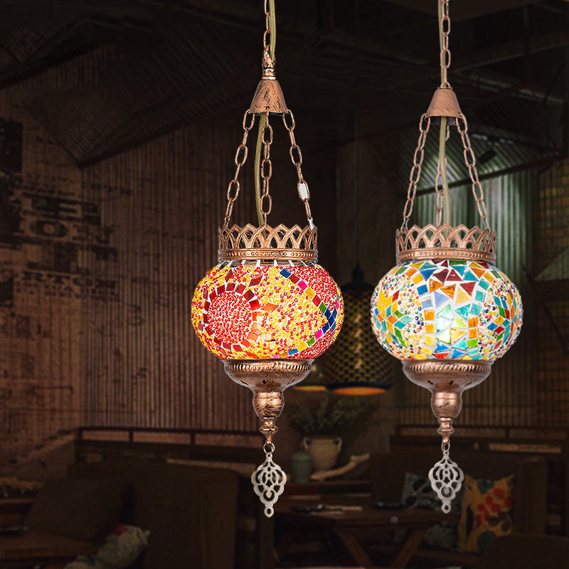 Contemporary Boho Iron Frame Stained Glass Ball Shade 1-Light Pendant Light For Living Room