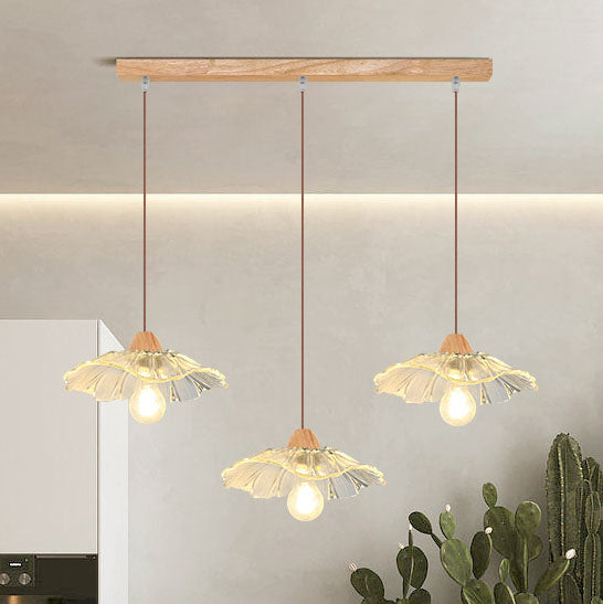 Modern Art Deco Wood Lotus Leaf Glass Shade 1/3-Light Island Light Chandelier For Bedroom