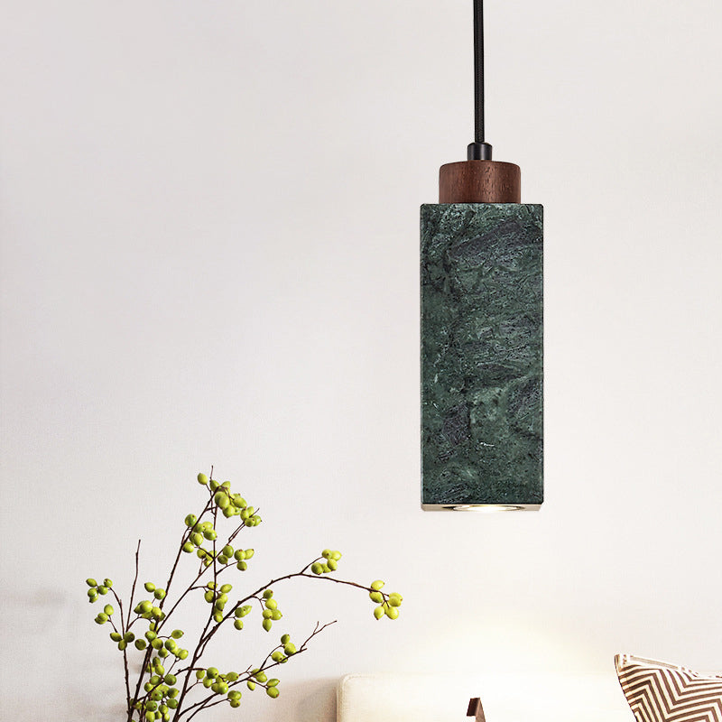 Modern Minimalist Rectangular Solid Wood Marble 1-Light Pendant Light For Bedroom