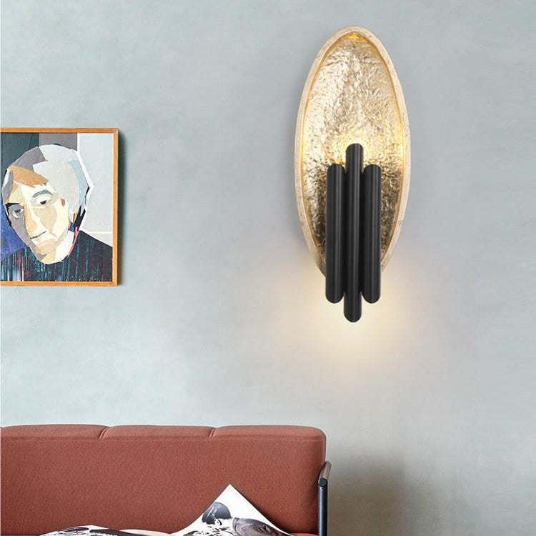 Contemporary Luxury Oval Gold Foil Texture Metal Tube 2-Light Wall Sconce Lamp For Dining Room