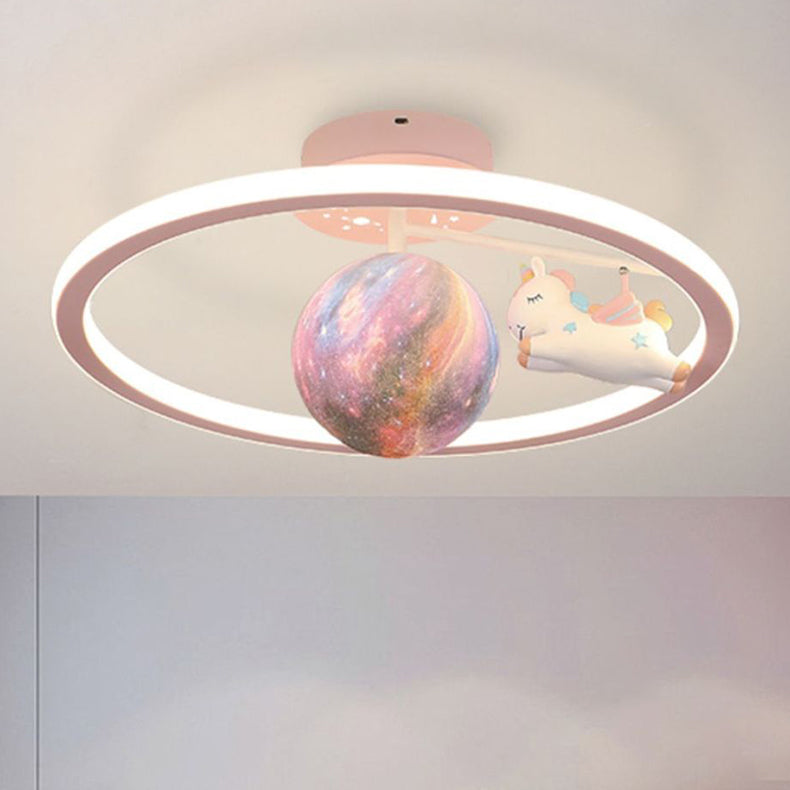 Contemporary Creative Kids Round Planet Unicorn Iron Resin LED Semi-Flush Mount Ceiling Light For Bedroom