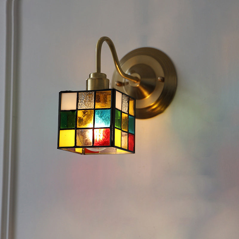 Traditional Vintage Square Rubik's Cube Tulip Brass Glass 1-Light Wall Sconce Lamp For Living Room