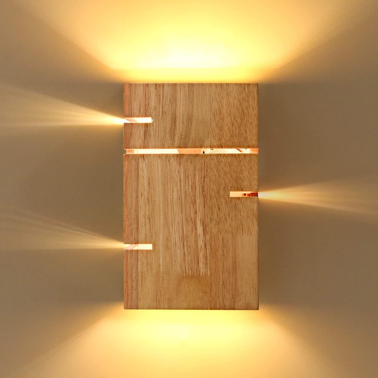 Contemporary Scandinavian Rectangular Rubberwood 2-Light Wall Sconce Lamp For Bedroom