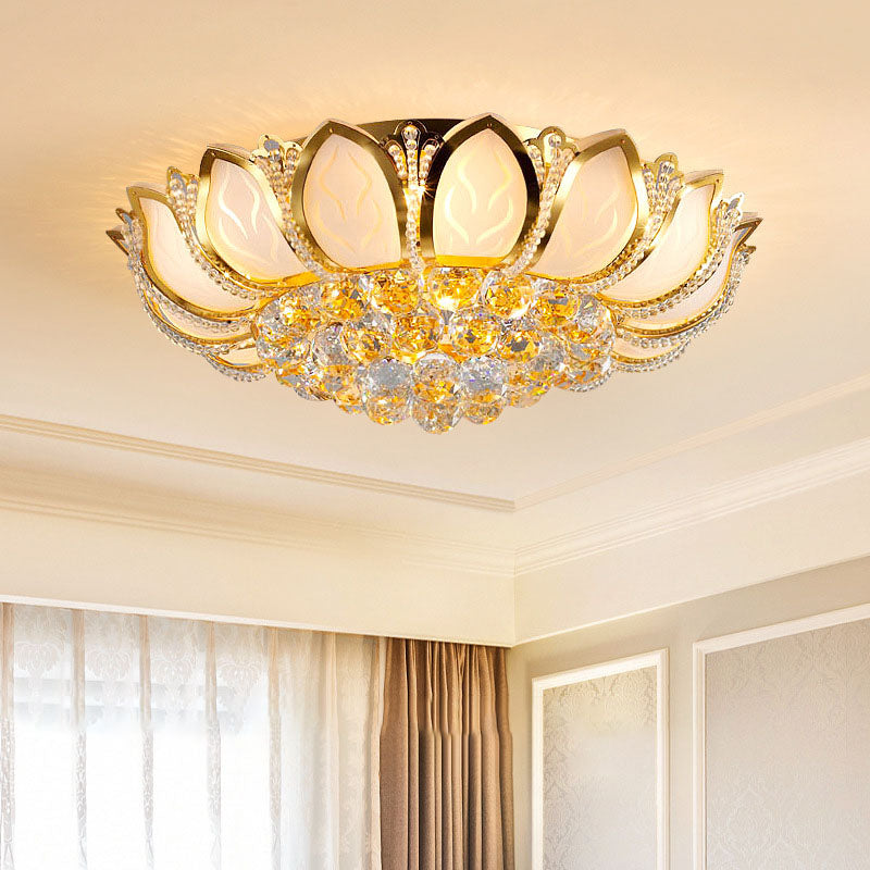 Modern Luxury Golden Glamour Lotus Frosted Glass Base Crystal Bead 4/6-Light Flush Mount Ceiling Light For Living Room