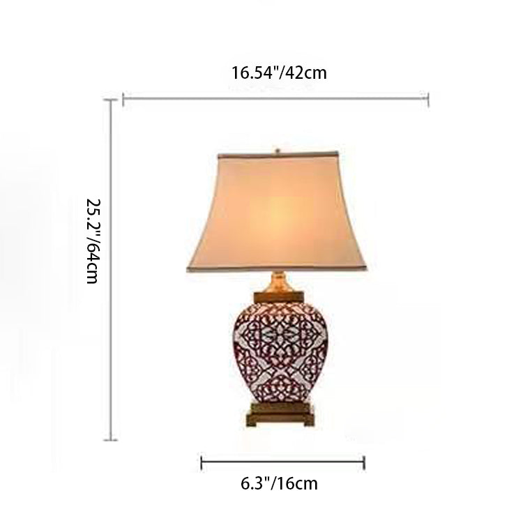 Traditional Chinese Vintage Cone Fabric Red Ceramic Jar Base 1-Light Table Lamp For Bedroom