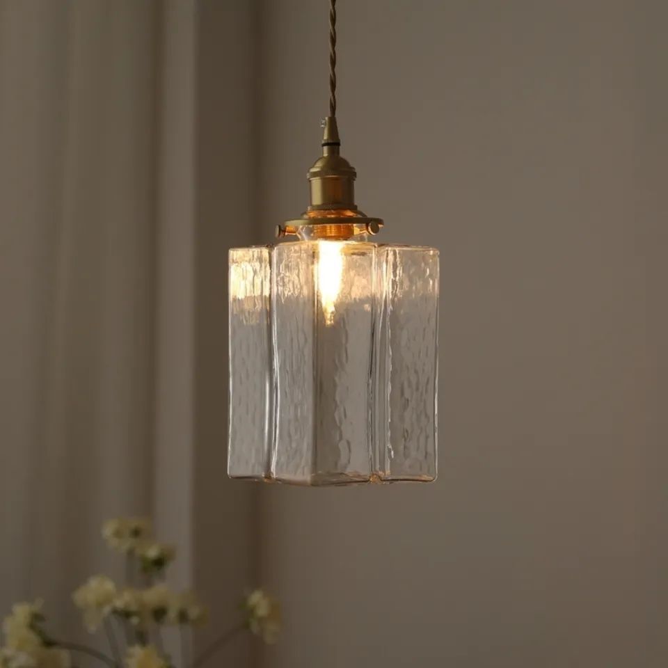 Traditional Japanese Glass Cube Shade Brass 1-Light Pendant Light For Living Room