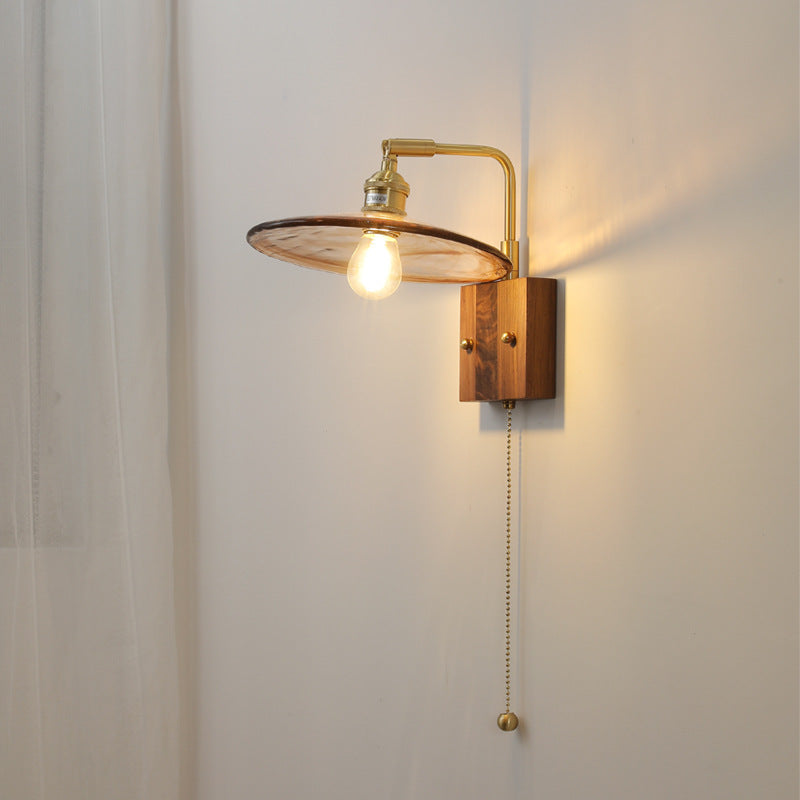 Traditional Vintage Full Copper Amber Glass Square Shade 1-Light Wall Sconce Lamp For Bedroom