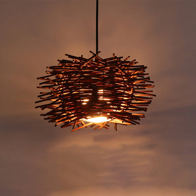 Traditional Japanese Rattan Weaving Birds Nest 1-Light Pendant Light For Living Room