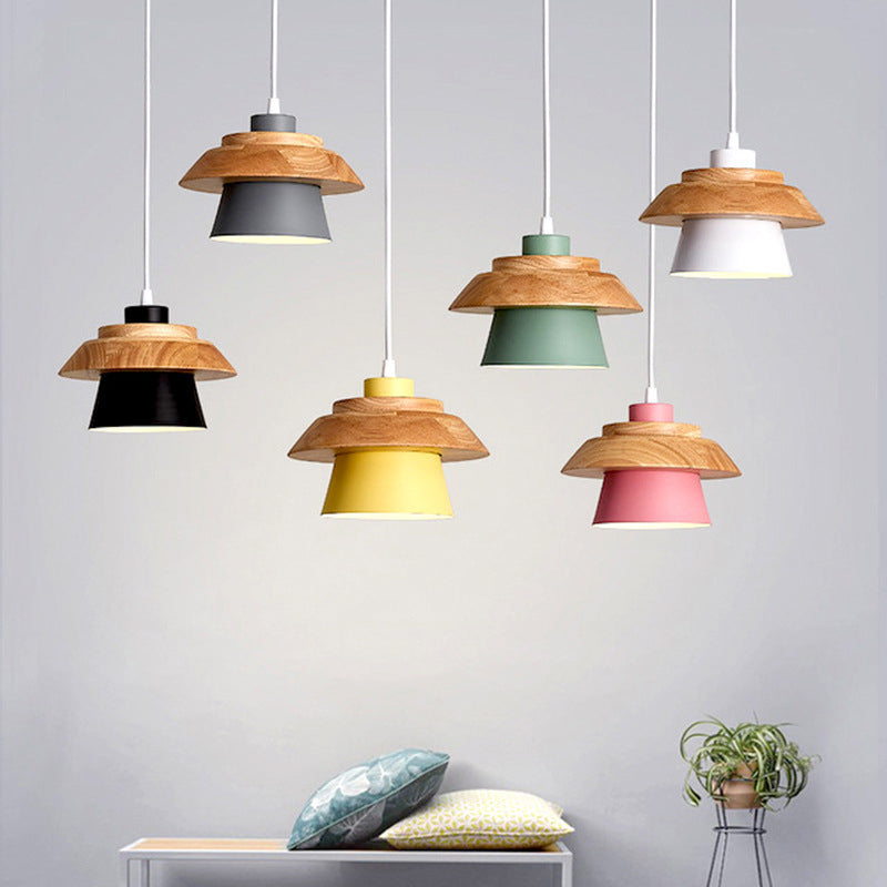 Modern Minimalist Macaron Disc Round Wooden Iron 1-Light Pendant Light For Living Room