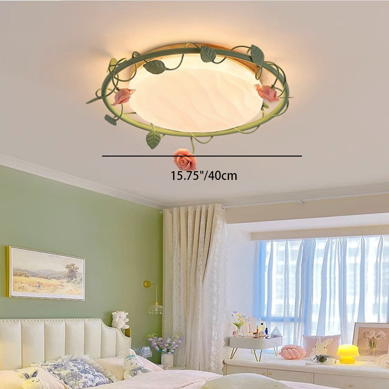 Contemporary Creative Round Square Rose Leaf Iron Rubberwood Acrylic Ceramic LED Flush Mount Ceiling Light For Bedroom