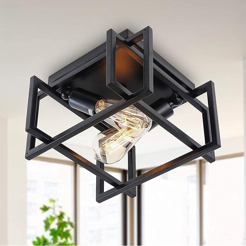 Contemporary Industrial Square Iron 2-Light Semi-Flush Mount Ceiling Light For Living Room