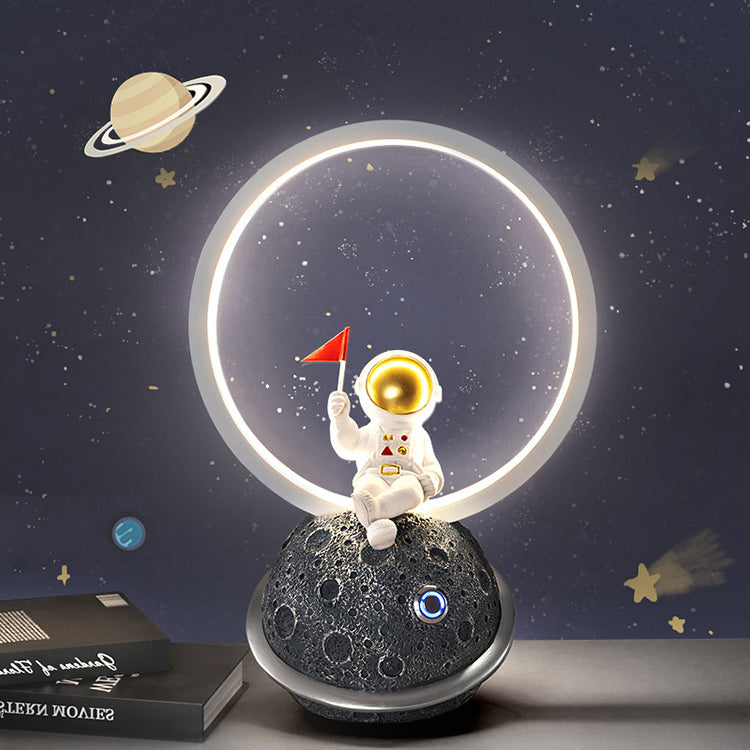 Contemporary Creative Resin Cartoon Astronaut Planet Iron Ring LED Kids Table Lamp For Bedroom