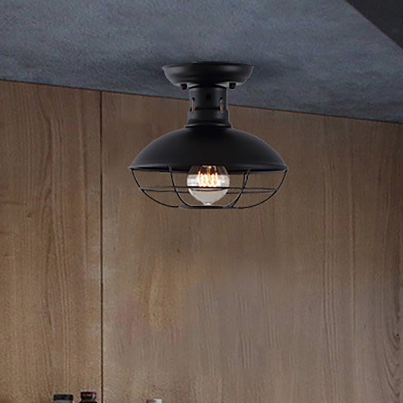 Contemporary Industrial Round Wire Mesh Iron 1-Light Semi-Flush Mount Ceiling Light For Living Room