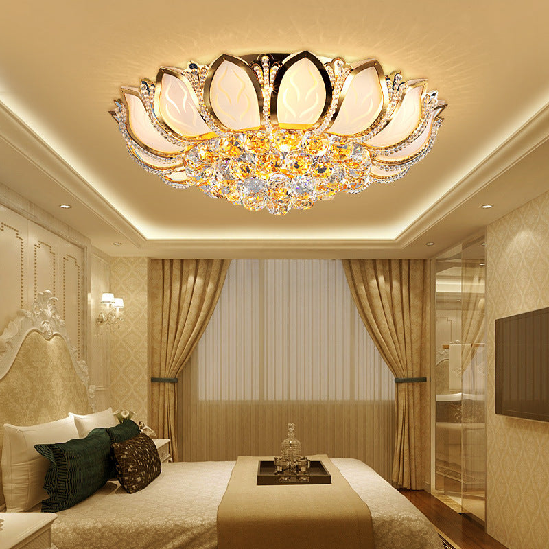 Modern Luxury Golden Glamour Lotus Frosted Glass Base Crystal Bead 4/6-Light Flush Mount Ceiling Light For Living Room