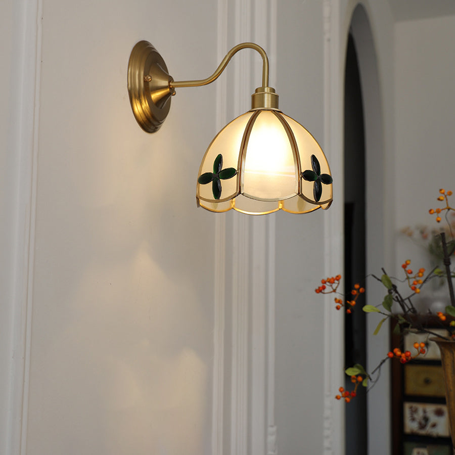 Modern Art Deco Four-Leaf Clover Brass Round Glass Shade 1-Light Wall Sconce Lamp For Bedroom