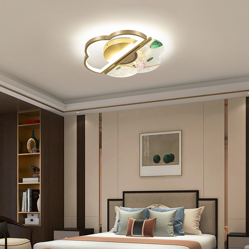 Traditional Chinese Enamel Lotus Acrylic Shade Brass Frame LED Semi-Flush Mount Ceiling Light For Living Room