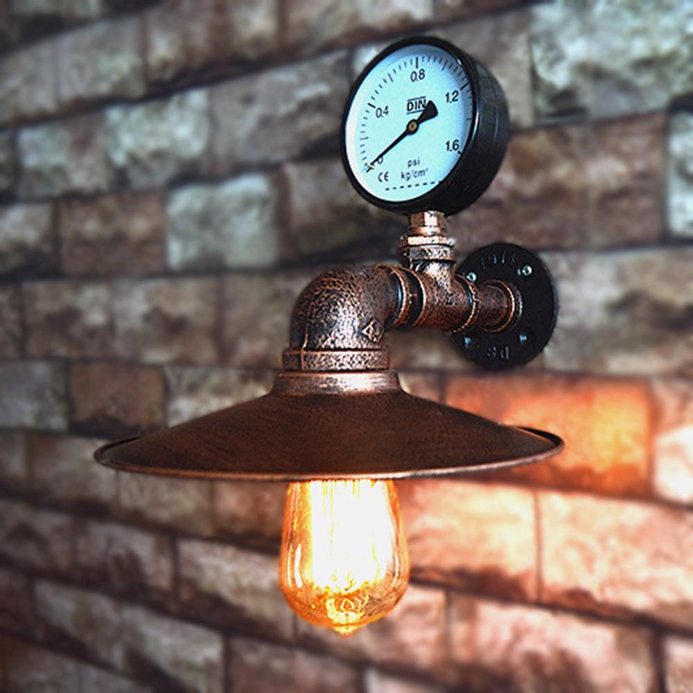 Contemporary Industrial Wrought Iron Water Pipe Temperature Gauge 1-Light Wall Sconce Lamp For Bedroom