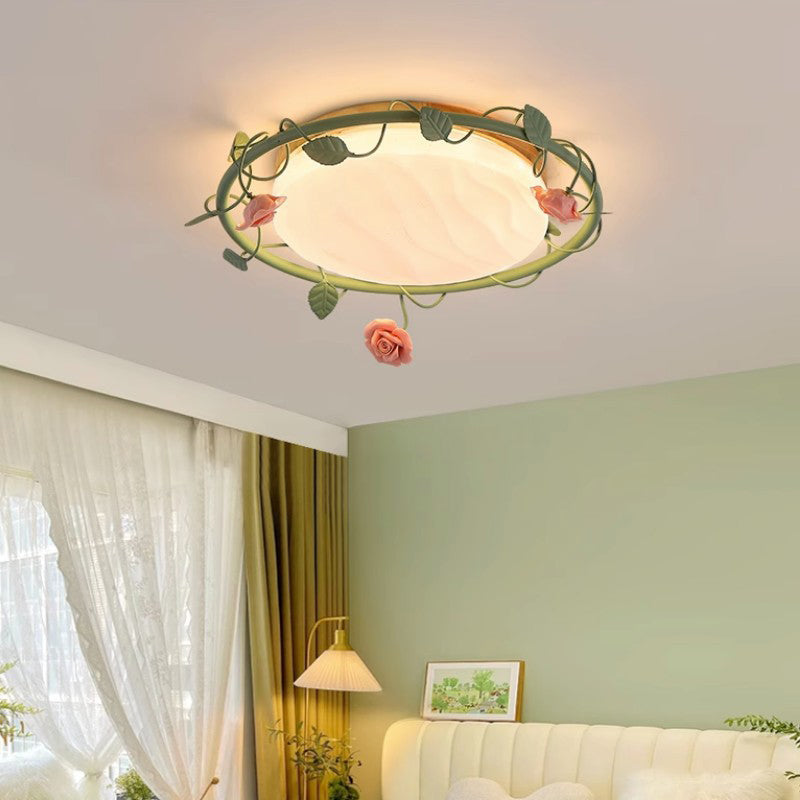 Contemporary Creative Round Square Rose Leaf Iron Rubberwood Acrylic Ceramic LED Flush Mount Ceiling Light For Bedroom