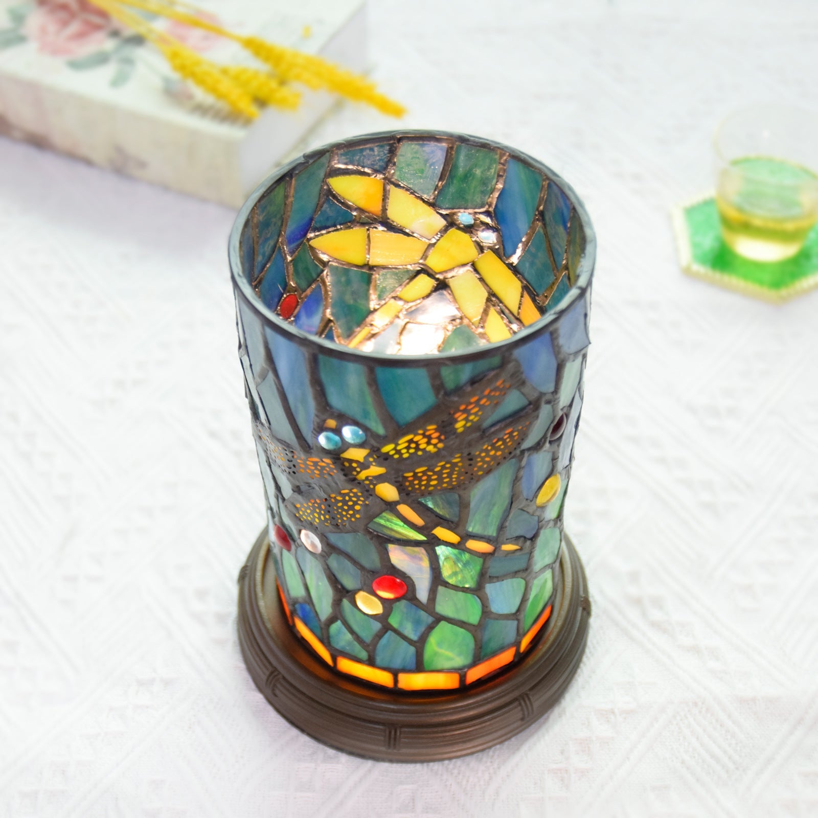 Traditional Tiffany Stained Glass Dragonfly Cylinder Shade Resin Base LED USB Table Lamp For Entertainment Room