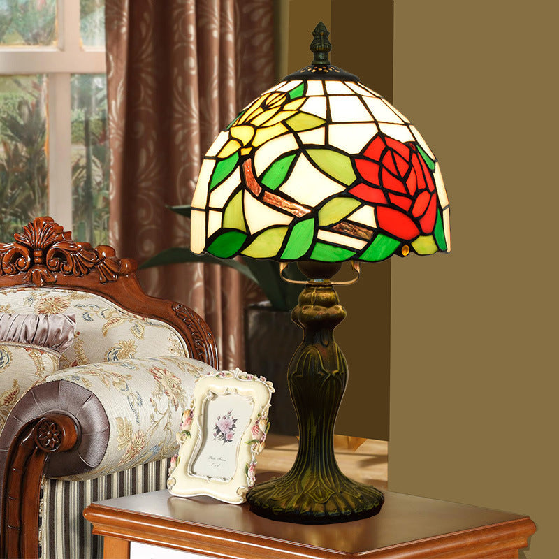 Traditional Tiffany Stained Glass Rose Flower Cone Dome 1-Light Table Lamp For Bedroom