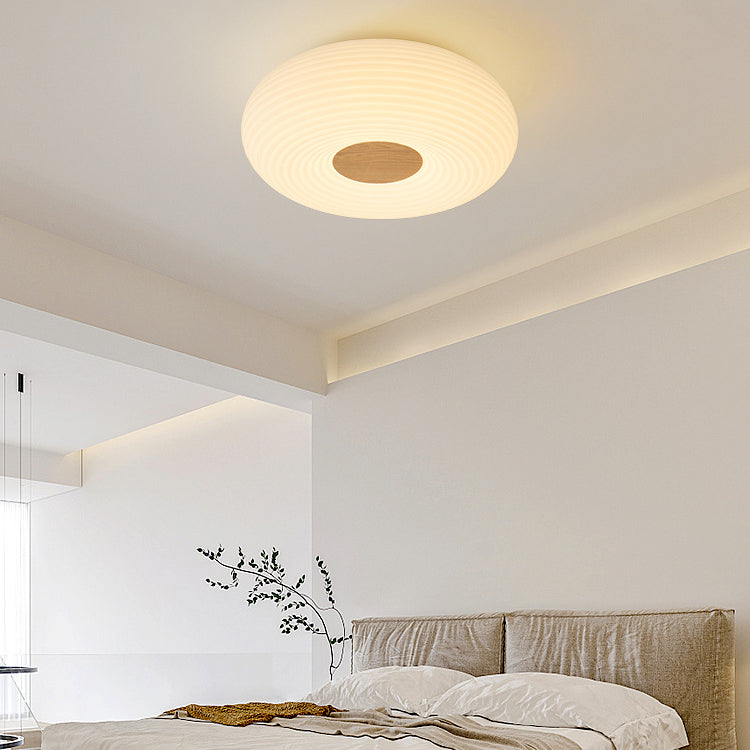 Contemporary Creative Cream PE Horizontal Stripes Round Shade LED Flush Mount Ceiling Light For Bedroom