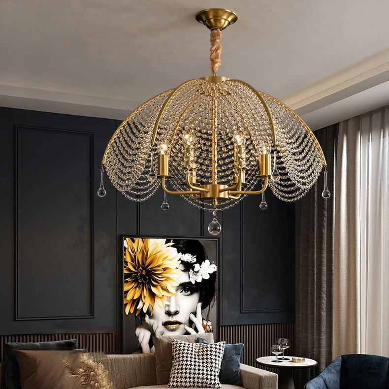 Contemporary Luxury Golden Finish Frame Crystal Beads 6-Light Chandelier For Living Room