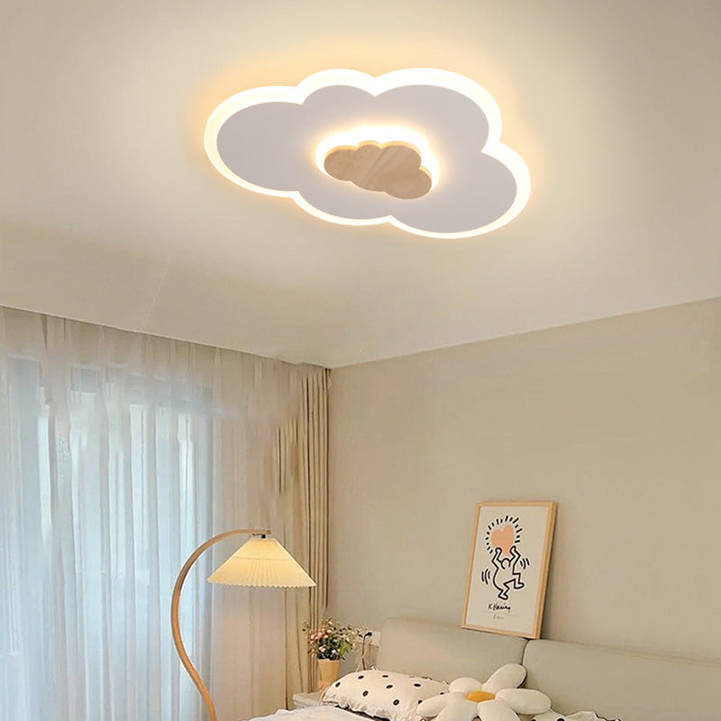 Contemporary Creative Clouds Wood Iron Acrylic LED Flush Mount Ceiling Light For Bedroom