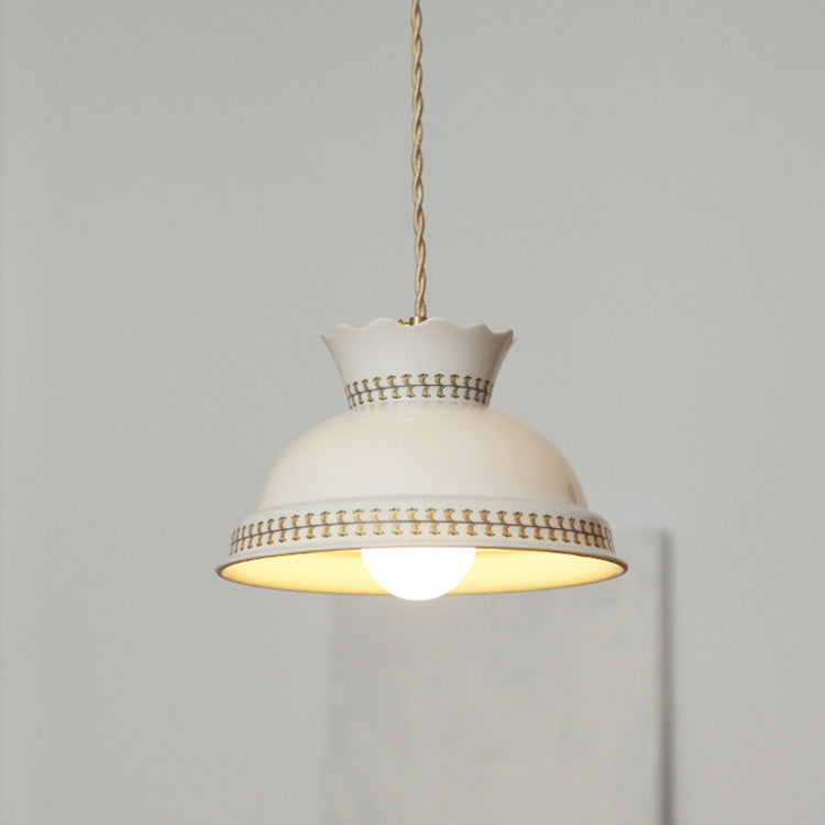 Traditional Japanese Brass Printed Ceramic Bowl-Shaped 1-Light Pendant Light For Living Room