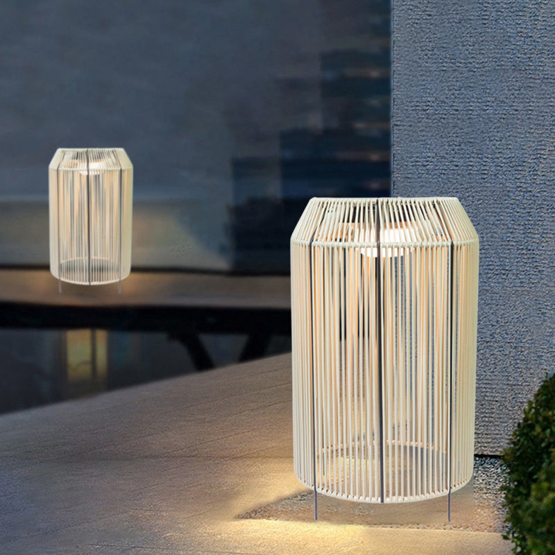 Traditional Chinese Solar Waterproof Cylindrical PE Rattan LED Standing Floor Lamp For Outdoor Patio