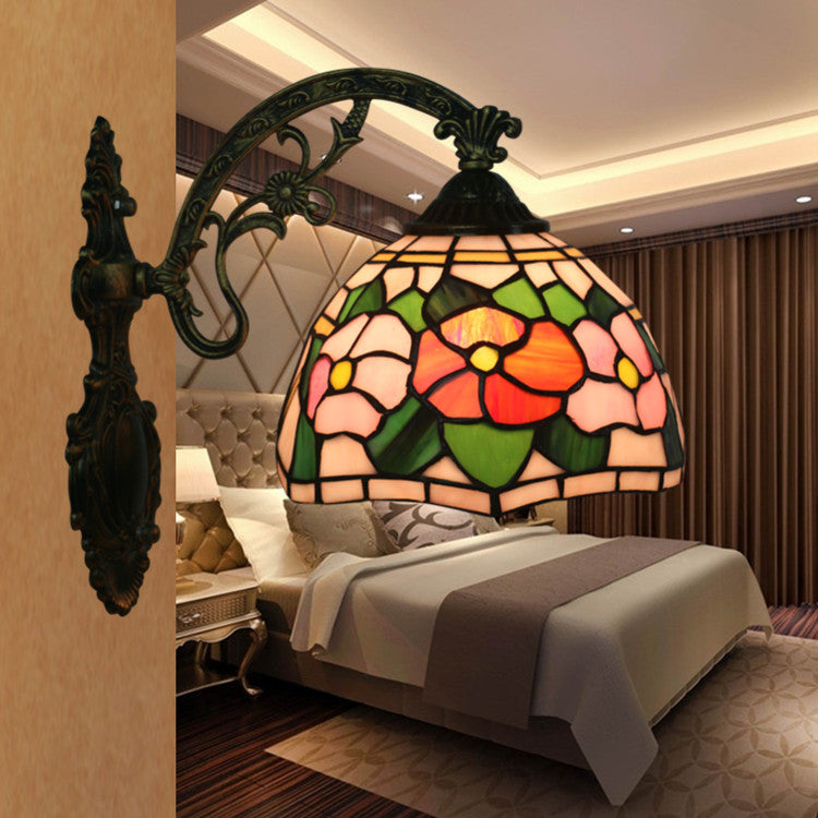 Traditional Tiffany Dome Flower Zinc Alloy Iron Stained Glass 1-Light Wall Sconce Lamp For Living Room