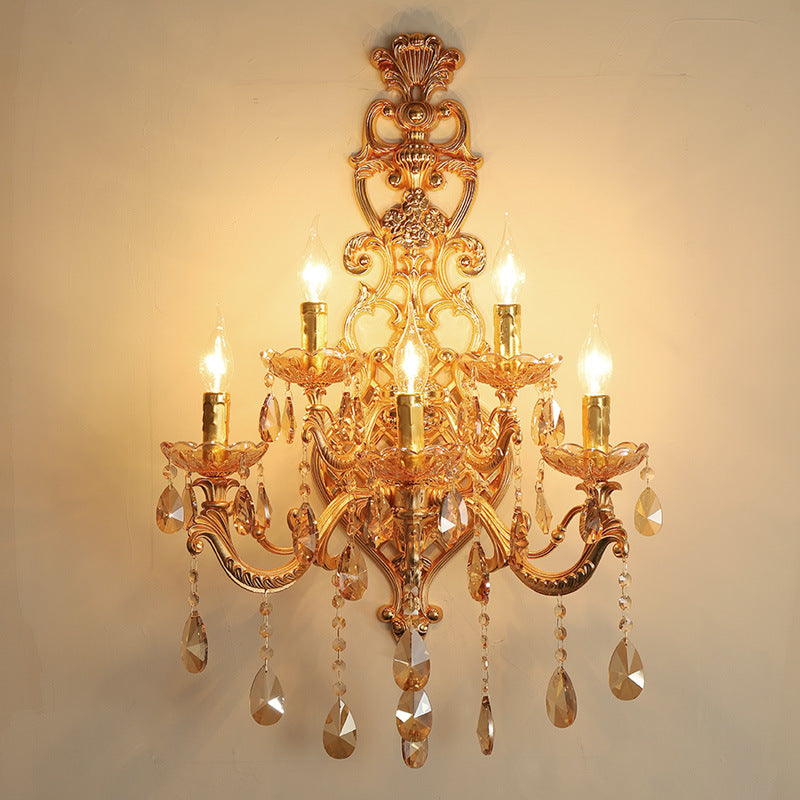 Traditional European Gold Candelabra Glass Crystal Hardware 5-Light Wall Sconce Lamp For Living Room