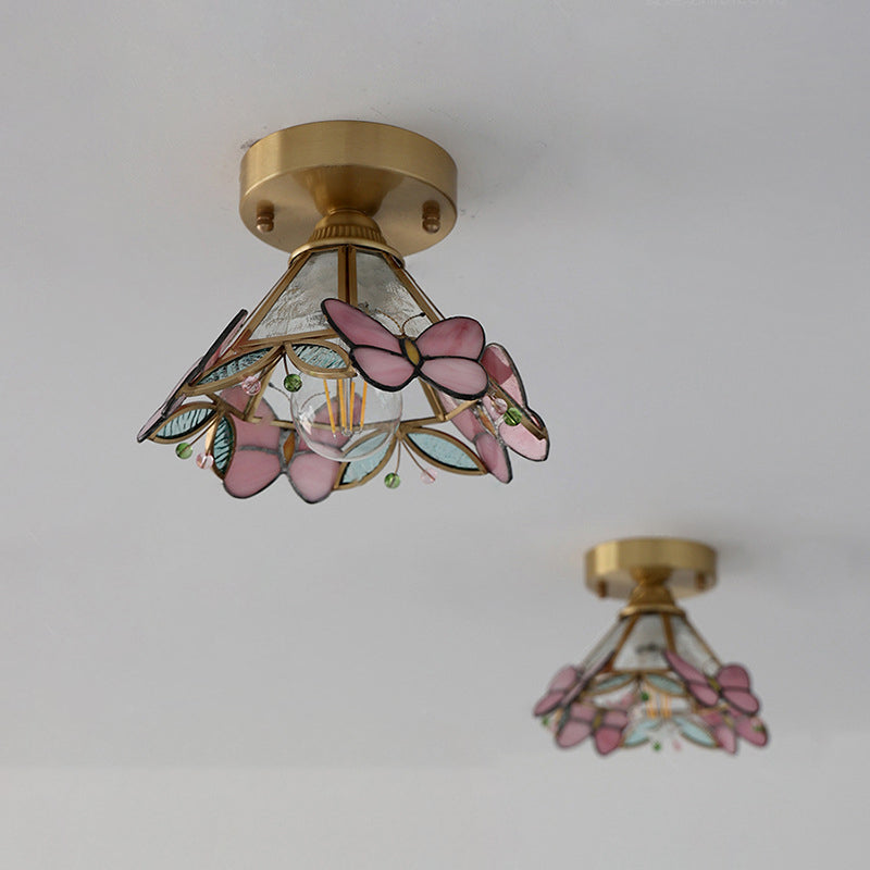 Traditional Vintage Cone Butterfly Brass Glass 1-Light Semi-Flush Mount Ceiling Light For Living Room