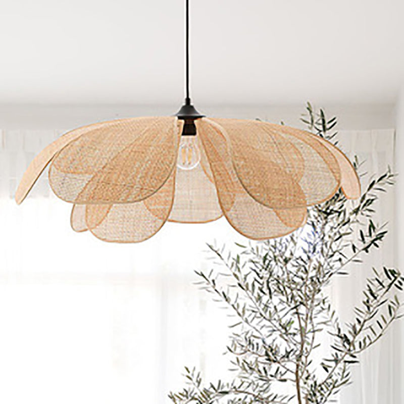 Traditional Japanese Rattan Weaving Petal Shape 1-Light Pendant For Living Room