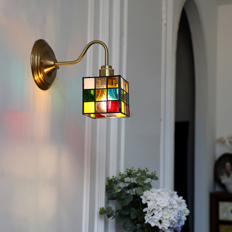 Traditional Vintage Square Rubik's Cube Tulip Brass Glass 1-Light Wall Sconce Lamp For Living Room