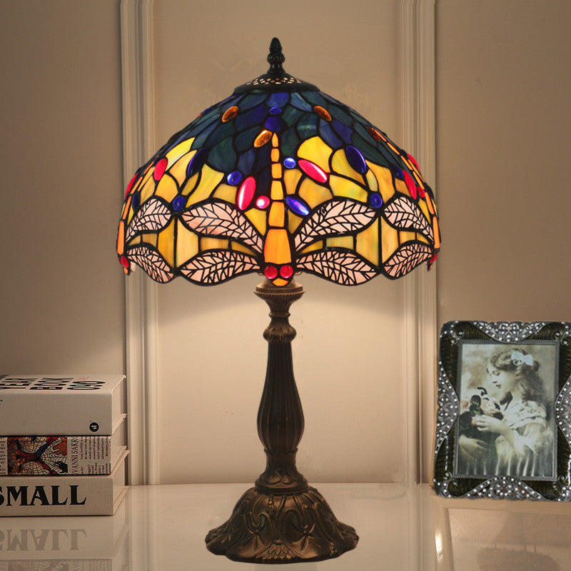 Traditional Tiffany Stained Glass Dragonfly 1-Light Table Lamp For Living Room